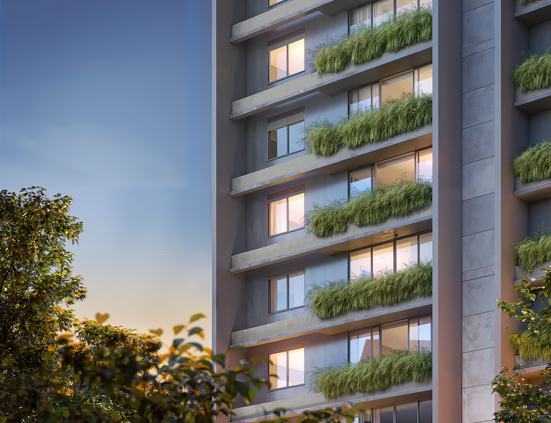 Renderização fotorrealista de fachada principal de empreendimento residencial de alto padrão com iluminação diurna e tratamento paisagístico