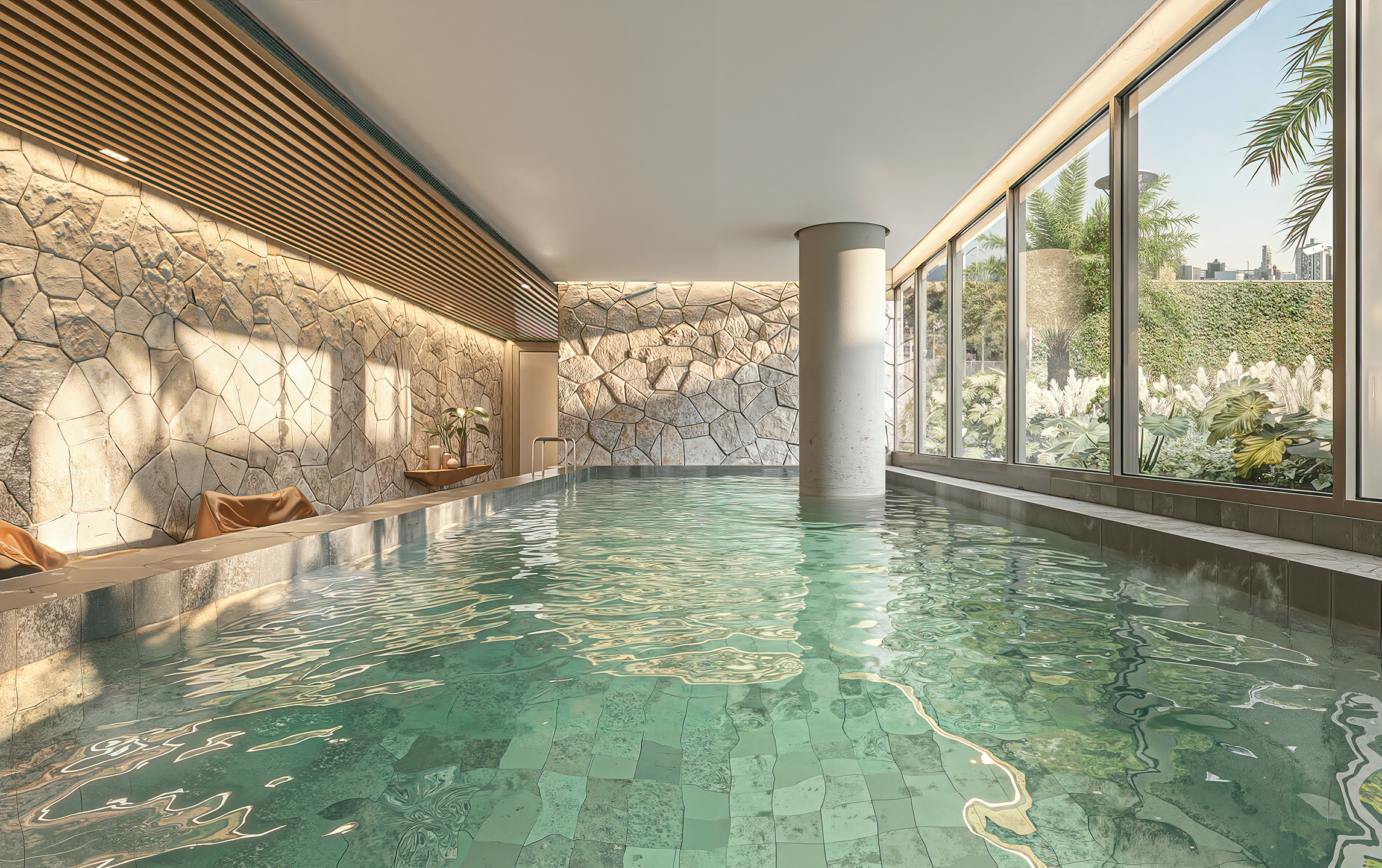 Render de área externa exclusiva com piscina infinity, deck molhado e paisagismo integrado em ambiente de lazer de condomínio