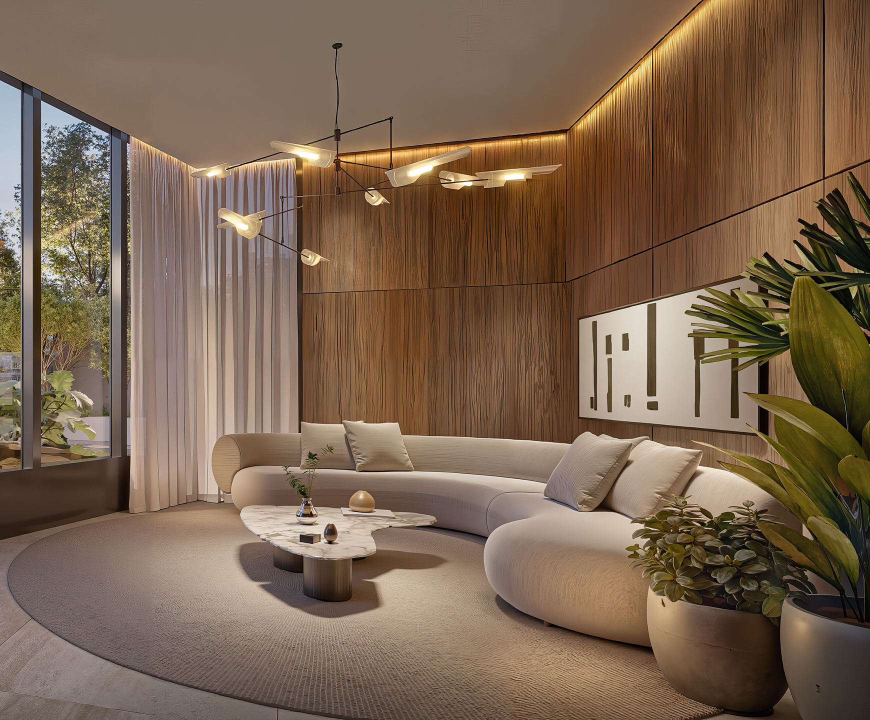 Visualização hiperrealista de área de lazer com piscina, jardins e espaço gourmet ao ar livre com detalhes de iluminação e texturas naturais