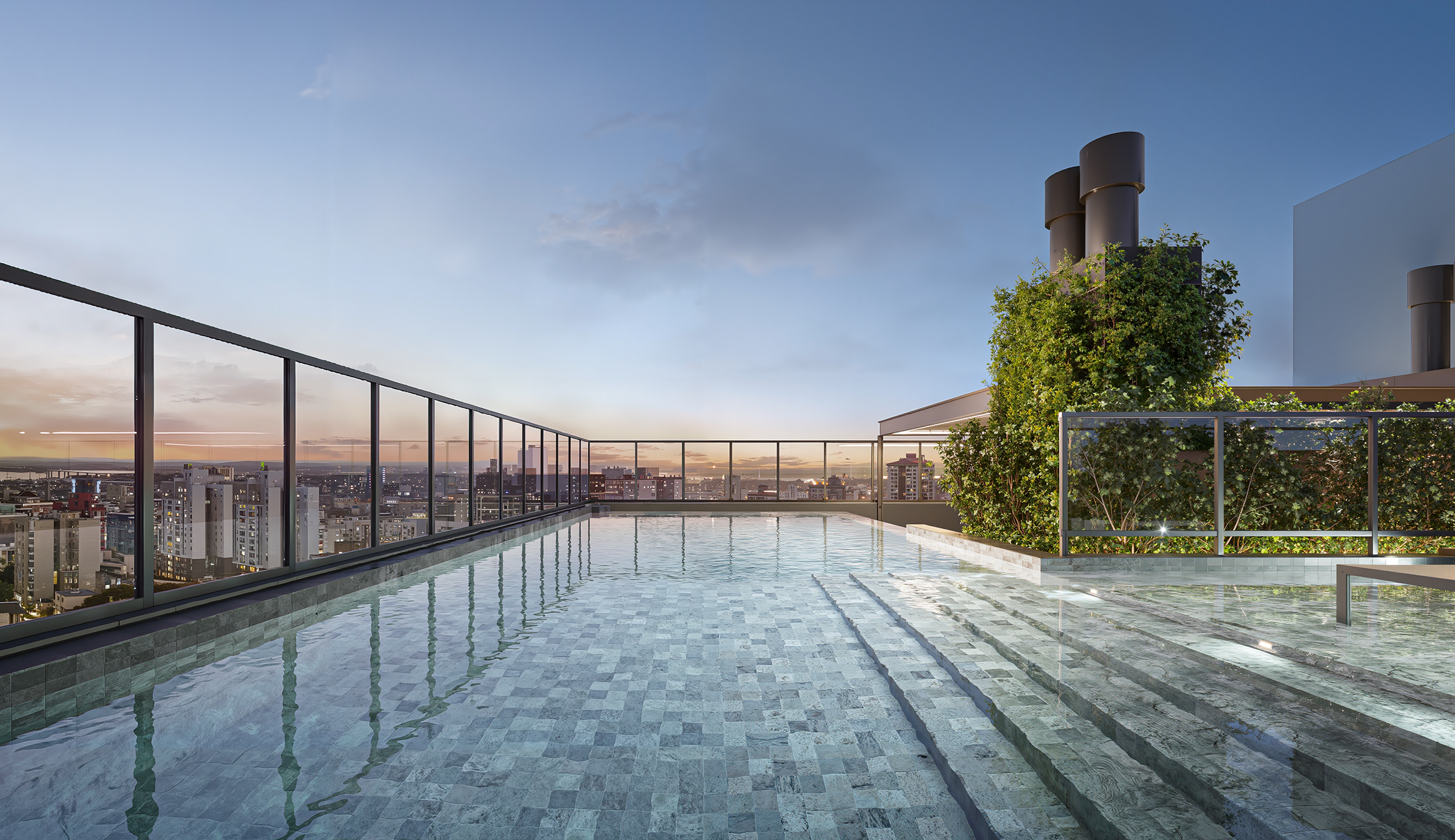 Renderização de interior de apartamento de luxo com sala integrada, mobiliário contemporâneo e amplas aberturas para luz natural