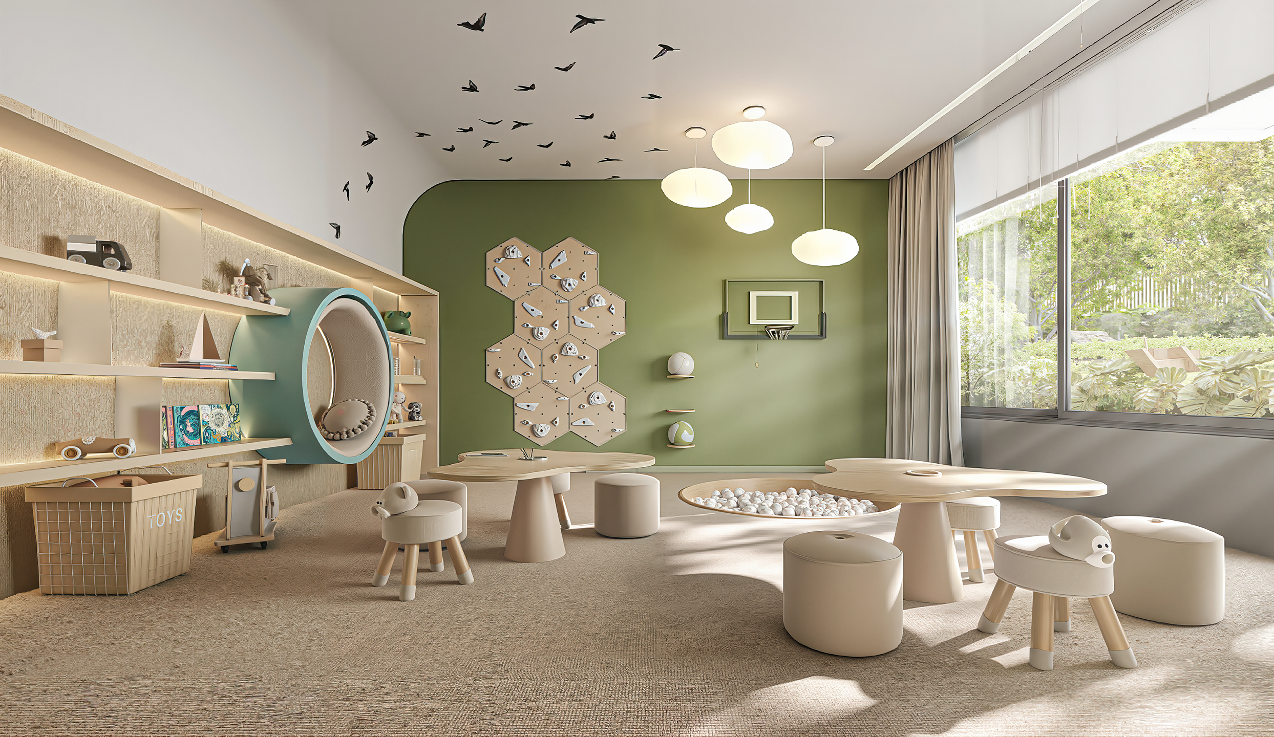 Sala de estar de alto padrão com design de interiores premium, pé-direito duplo e acabamentos sofisticados em render 3D ultrarrealista