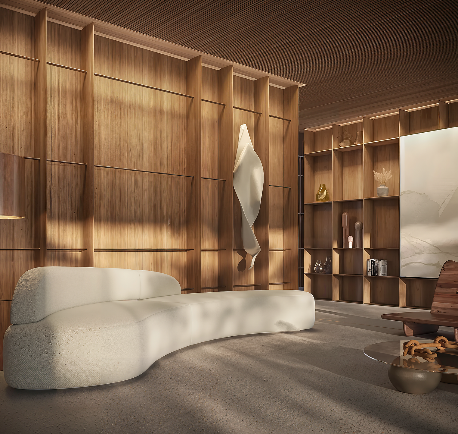 Cozinha gourmet com ilha central, armários planejados e eletrodomésticos de última geração em apartamento premium renderizado em 3D