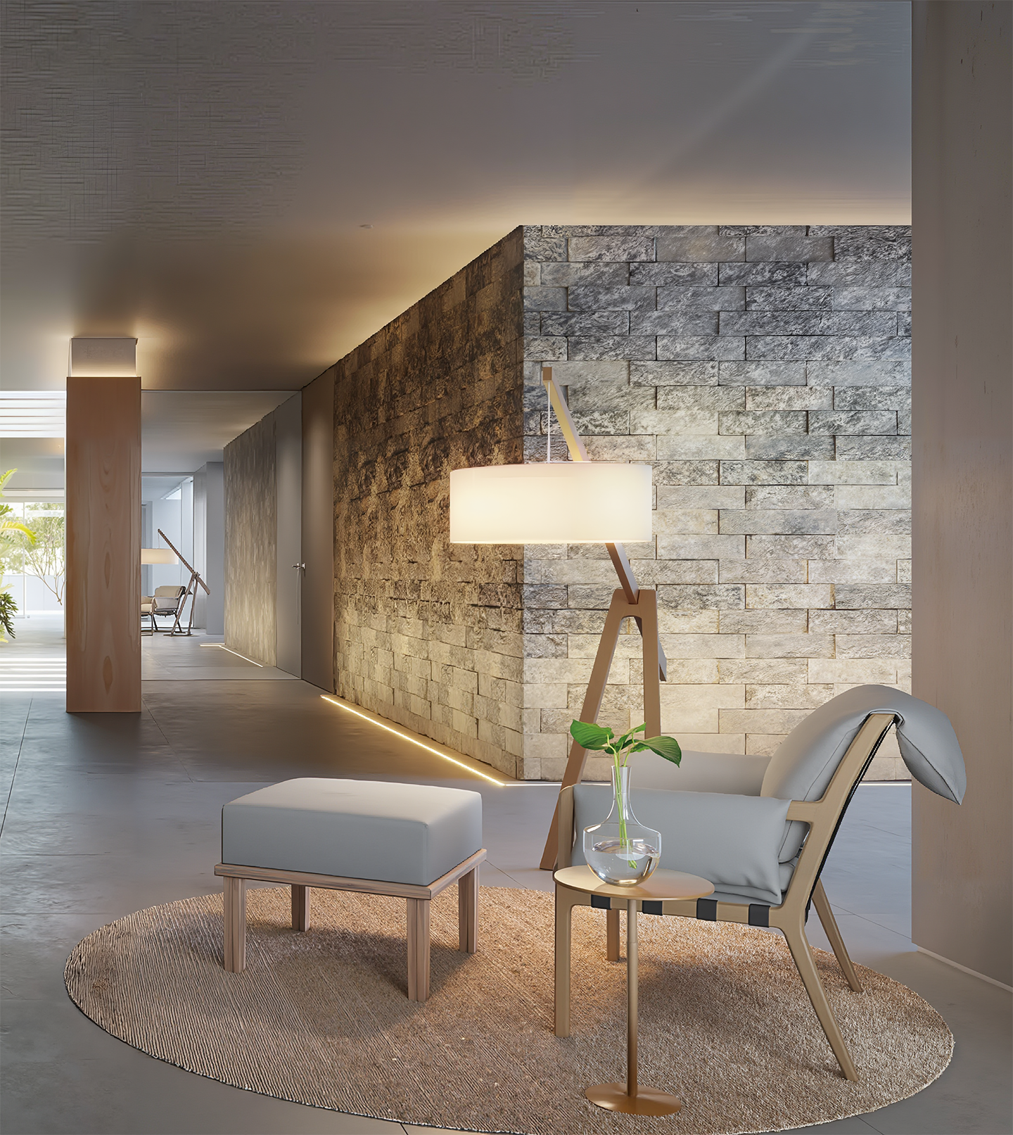 Planta humanizada de apartamento tipo com distribuição otimizada, 3 dormitórios, varanda gourmet e acabamentos realistas em renderização vista superior