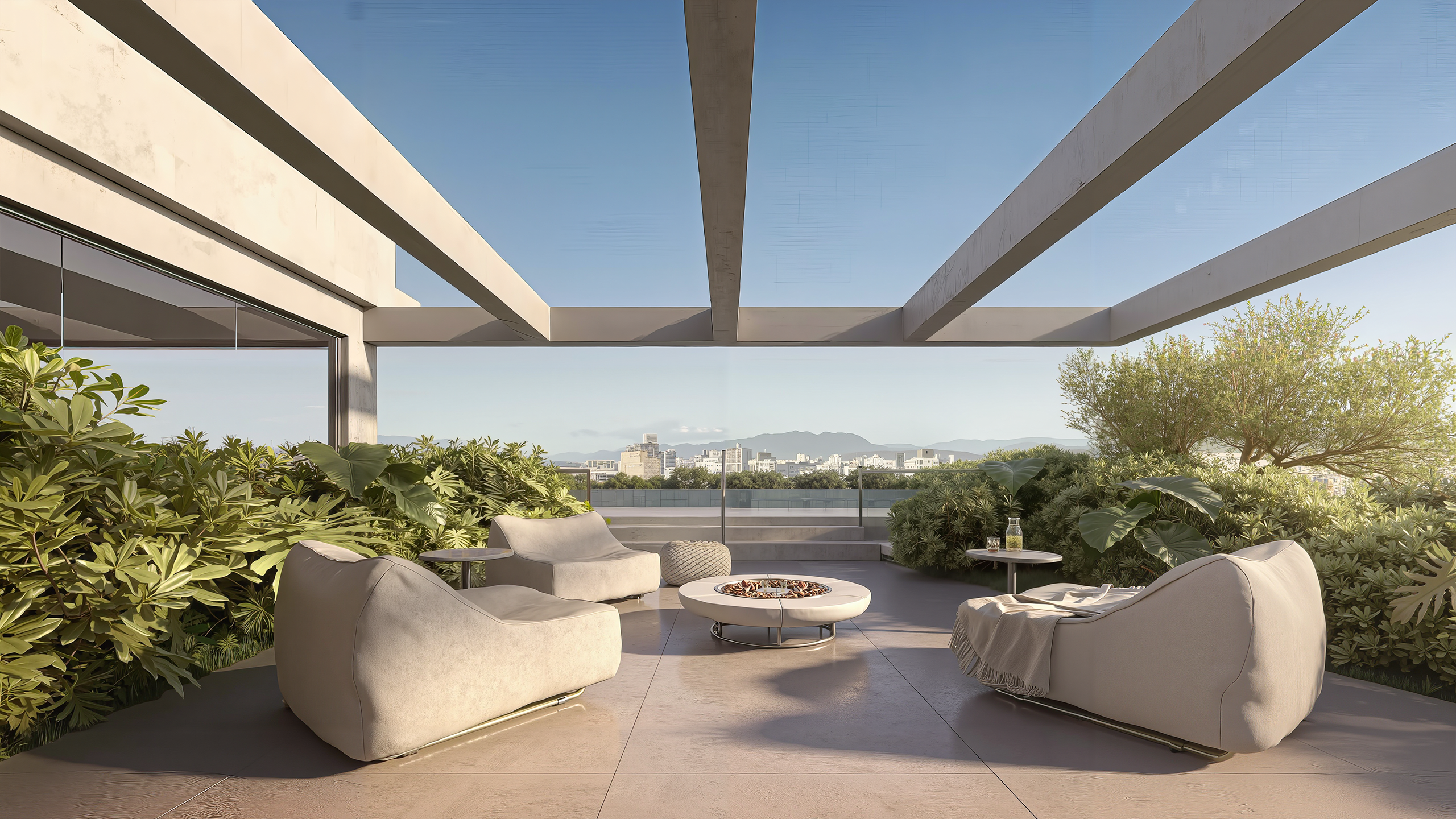 Área de lazer noturna com piscina iluminada por LED subaquático, lounge com lareira a gás e paisagismo com iluminação cênica