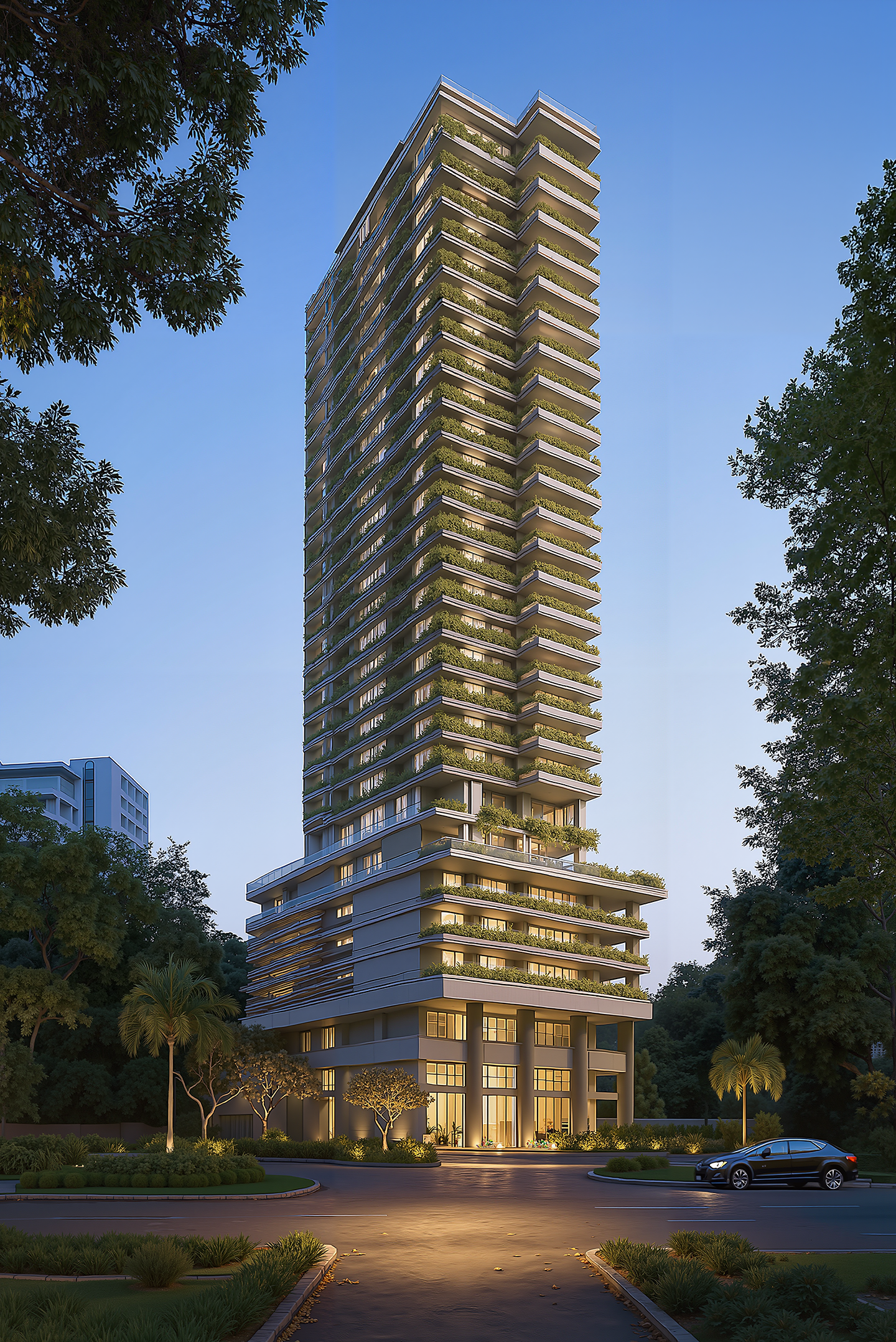 Fachada principal de edifício residencial com iluminação diurna destacando elementos arquitetônicos contemporâneos, revestimentos nobres e paisagismo integrado
