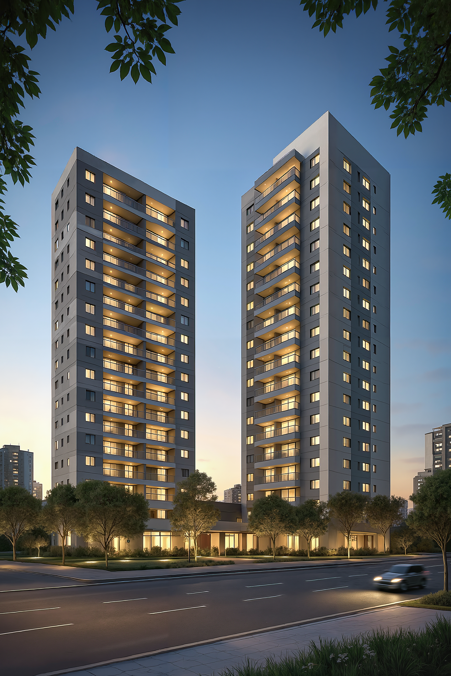 Detalhe arquitetônico de fachada com jardim vertical integrado, painéis texturizados e brises que proporcionam conforto térmico em render ultrarrealista