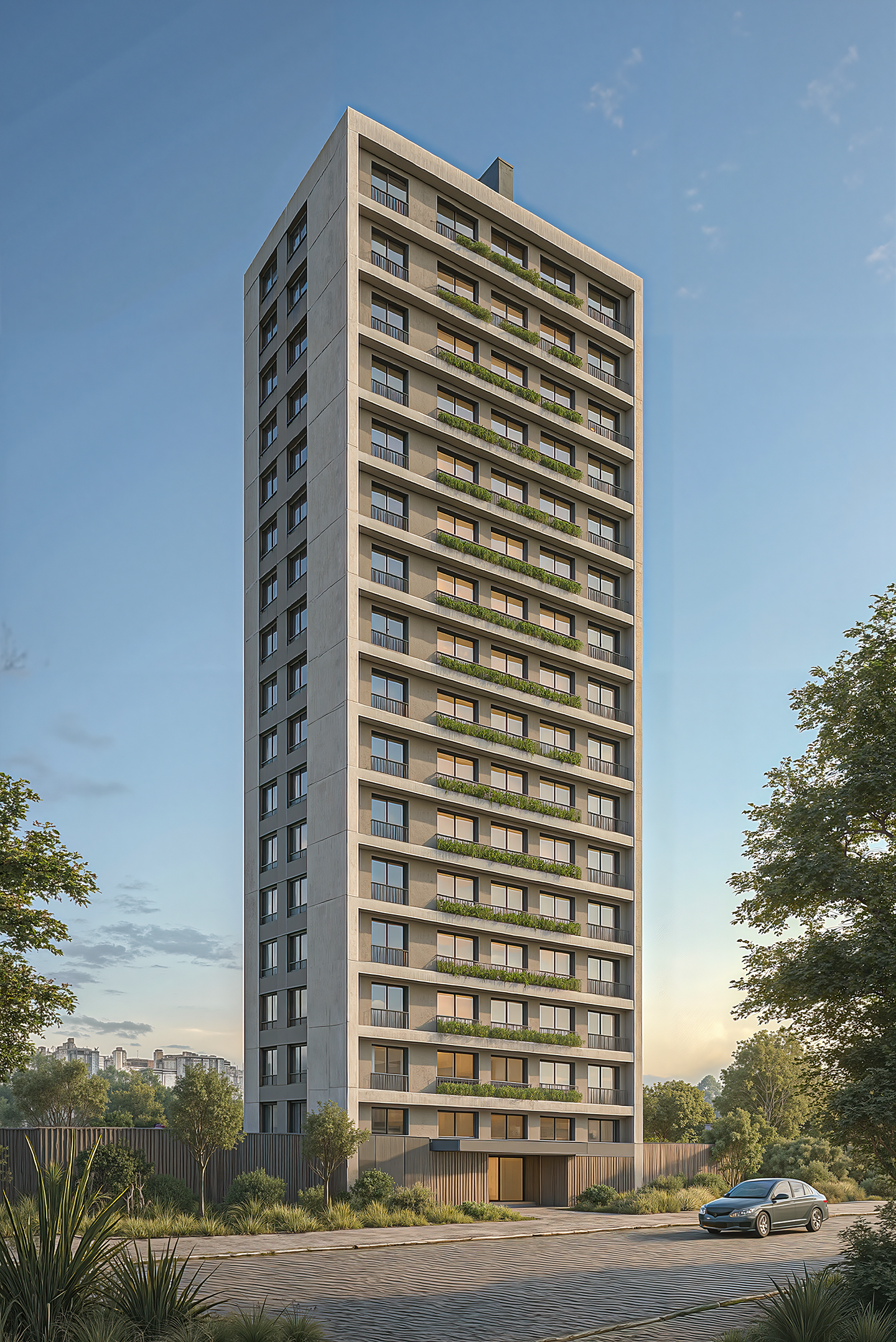 Perspectiva aérea de empreendimento com implantação privilegiada, destacando a inserção urbana, volumetria do edifício e tratamento paisagístico do entorno