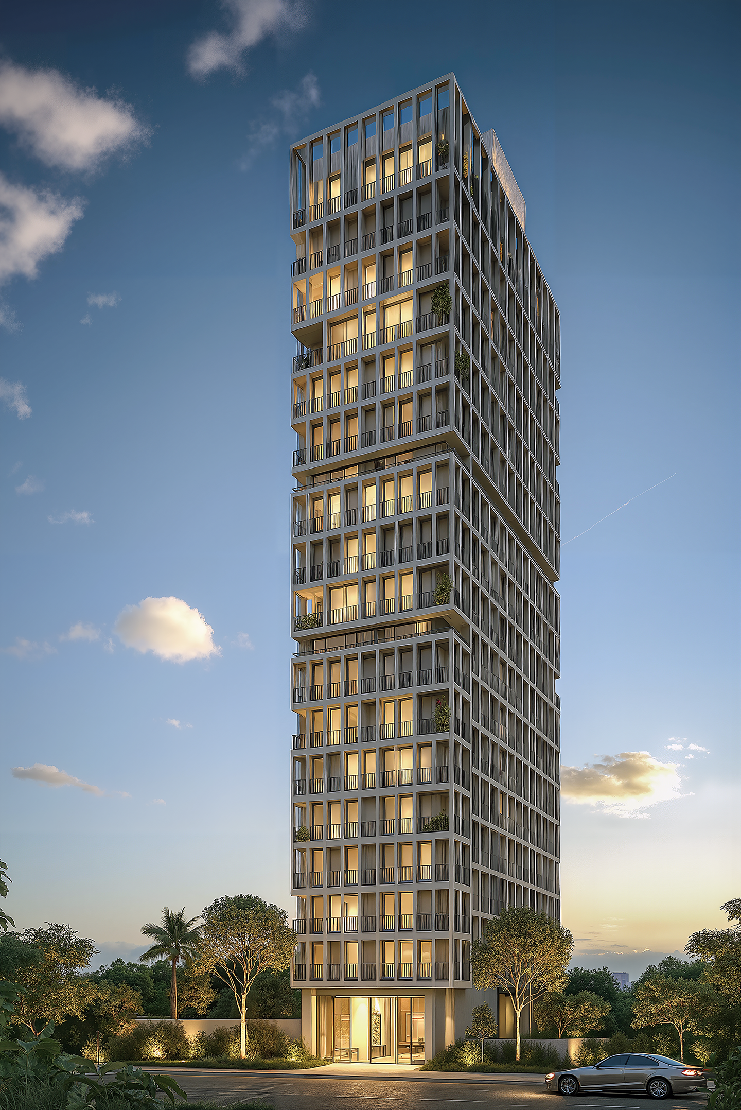 Vista aérea frontal de fachada com terraço gourmet integrado, varandas amplas e volumetria escalonada que maximiza a incidência de luz natural