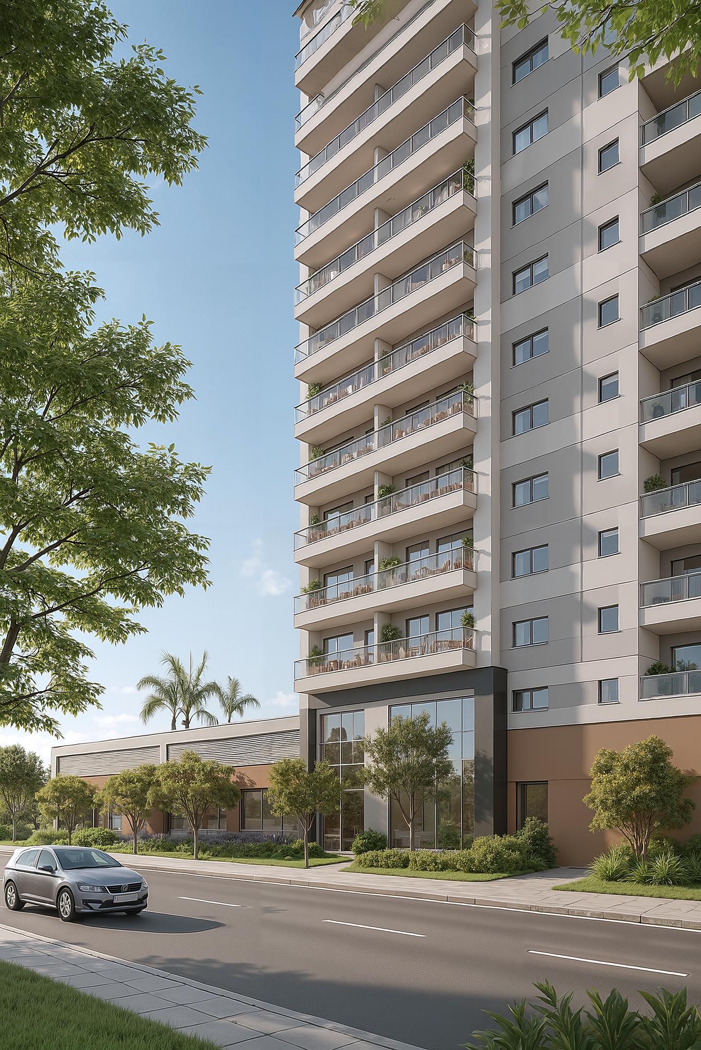 Render fotorrealista de fachada posterior com áreas de convivência, piscina e tratamento de paisagismo que integra arquitetura e natureza