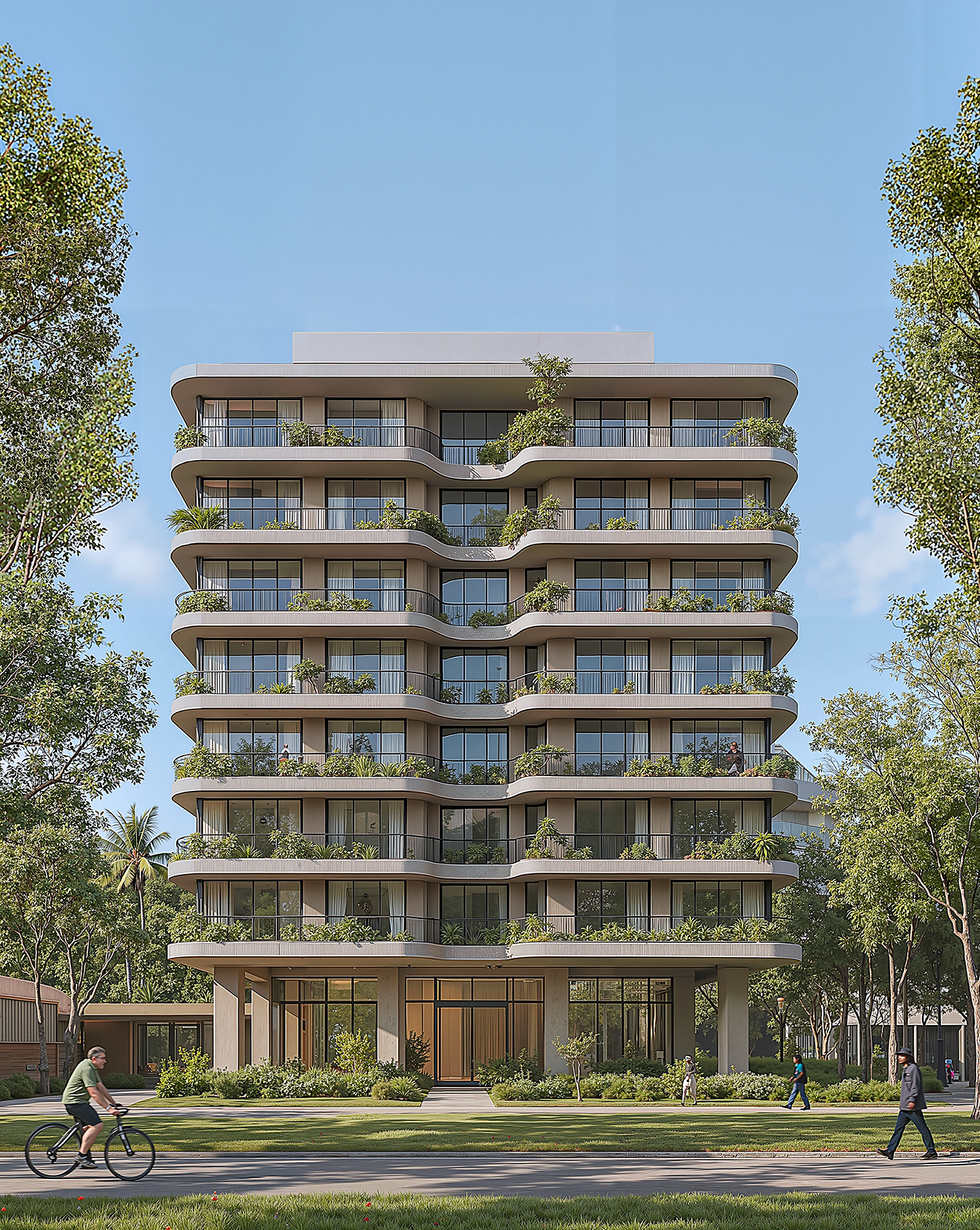 Fachada em perspectiva com ângulo valorizado que evidencia a escala do empreendimento, detalhes construtivos e solução de acessos