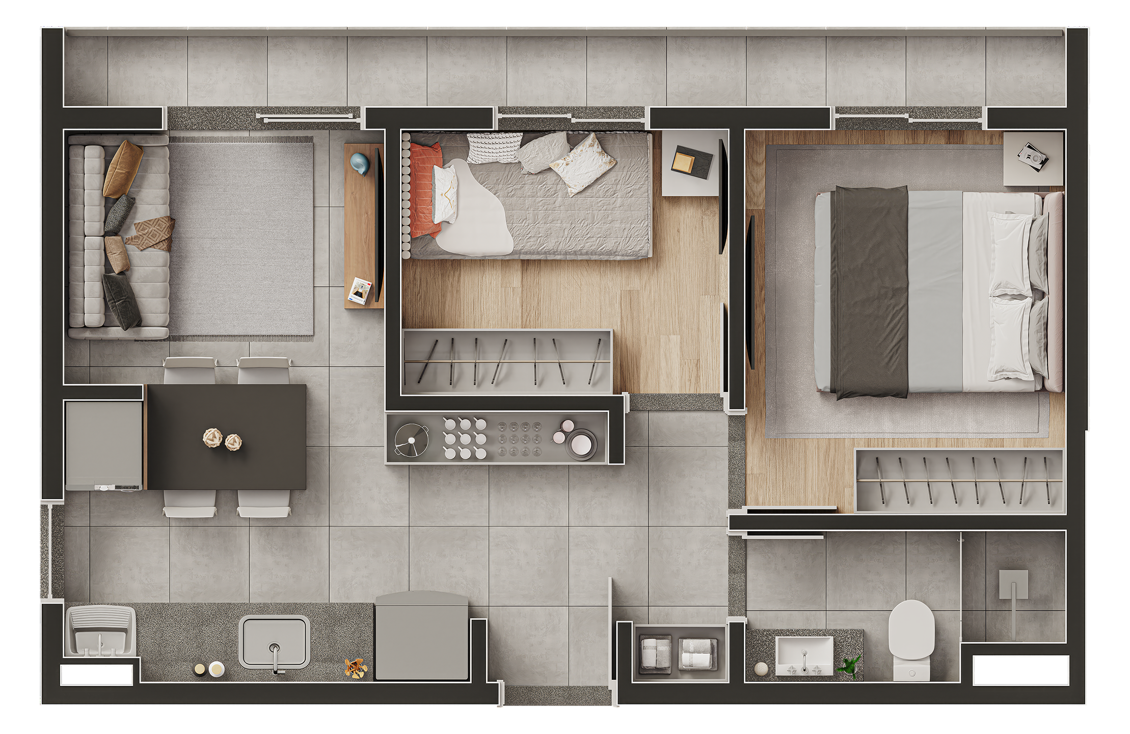 Planta humanizada de apartamento tipo com 3 dormitórios, suíte master com closet, living ampliado e varanda gourmet com mobiliário e detalhamento de acabamentos