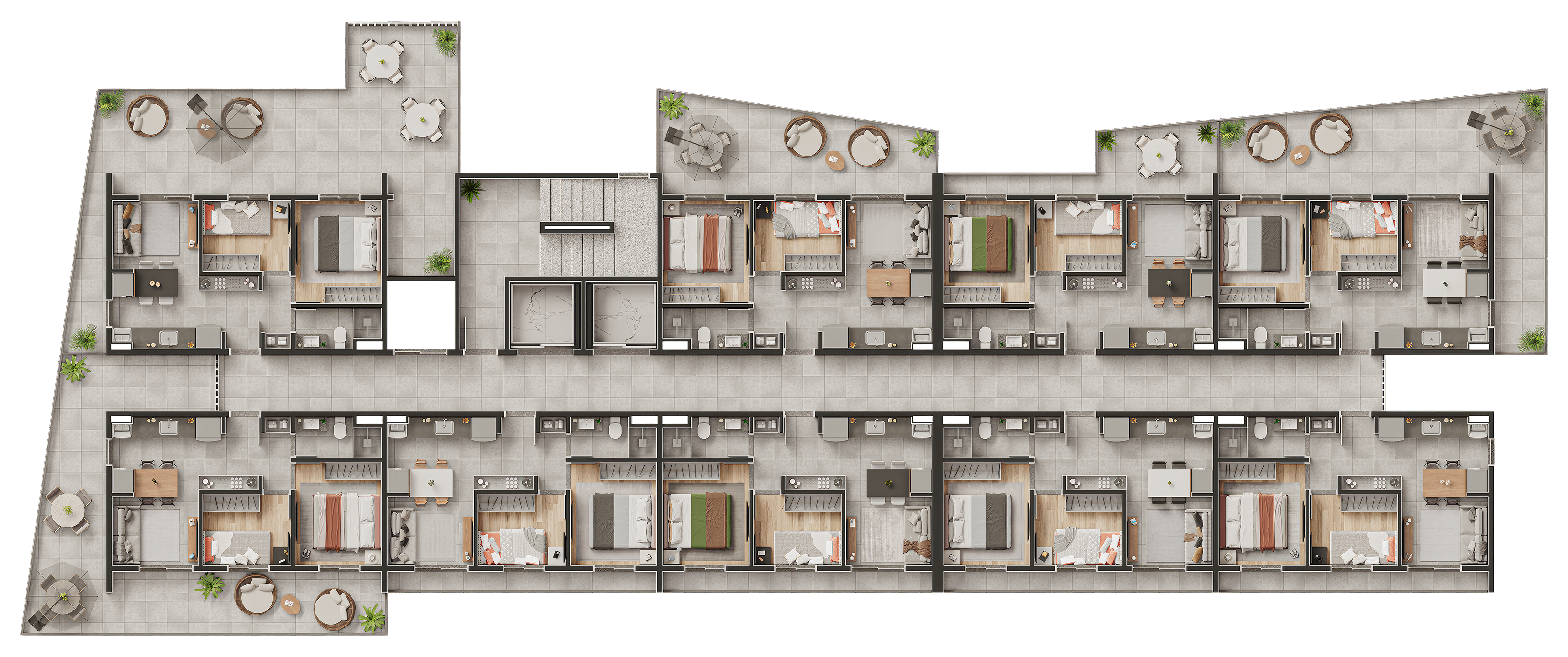 Planta humanizada do primeiro pavimento com áreas comuns, espaço fitness, coworking e lazer infantil com detalhes de acabamento e iluminação realista