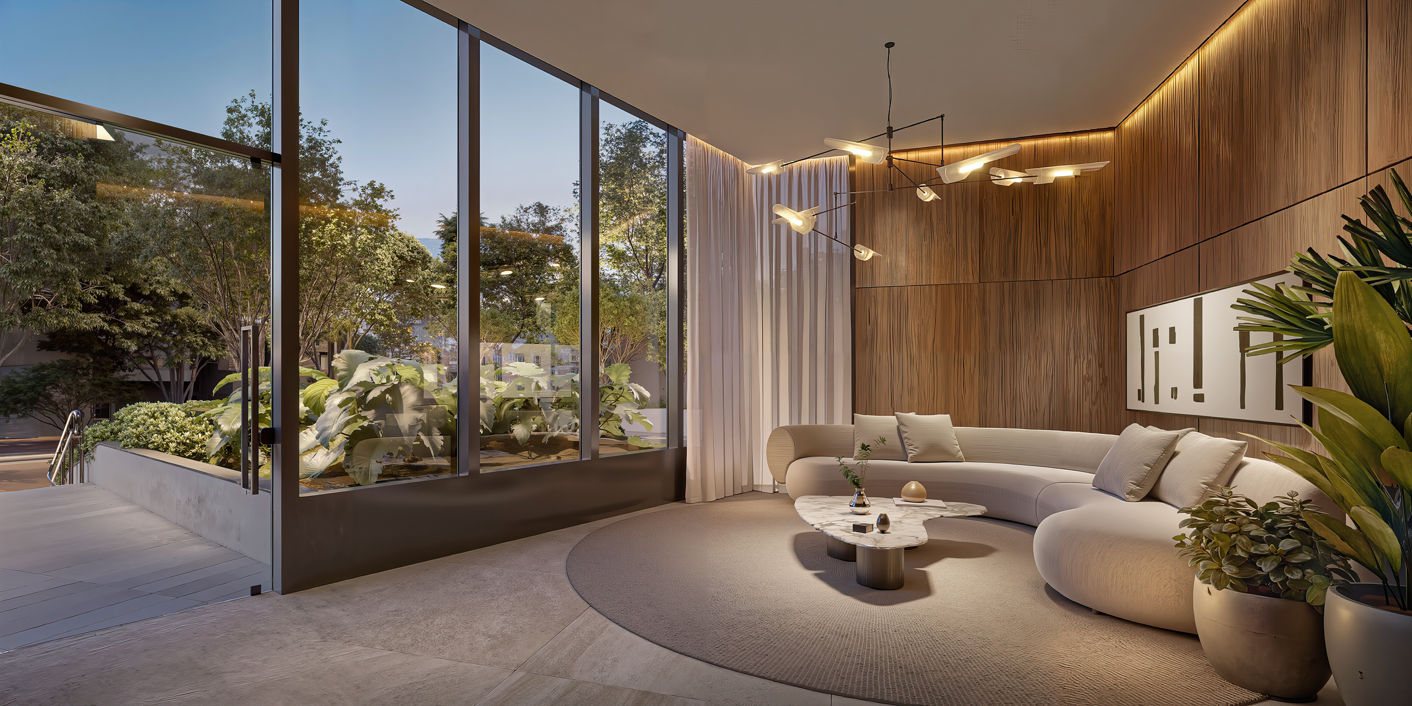 Sala de estar contemporânea com pé-direito duplo, mobiliário exclusivo, integração com área externa e acabamentos de alto padrão em render fotorrealista